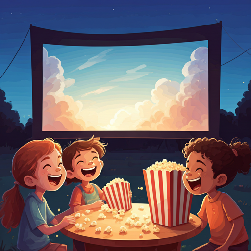 children laughing and eating popcorn in front of a large outdoor movie screen at a birthday party