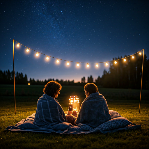 romantic couple watching a movie outdoors with warm string lights and cozy blankets under a starry night sky